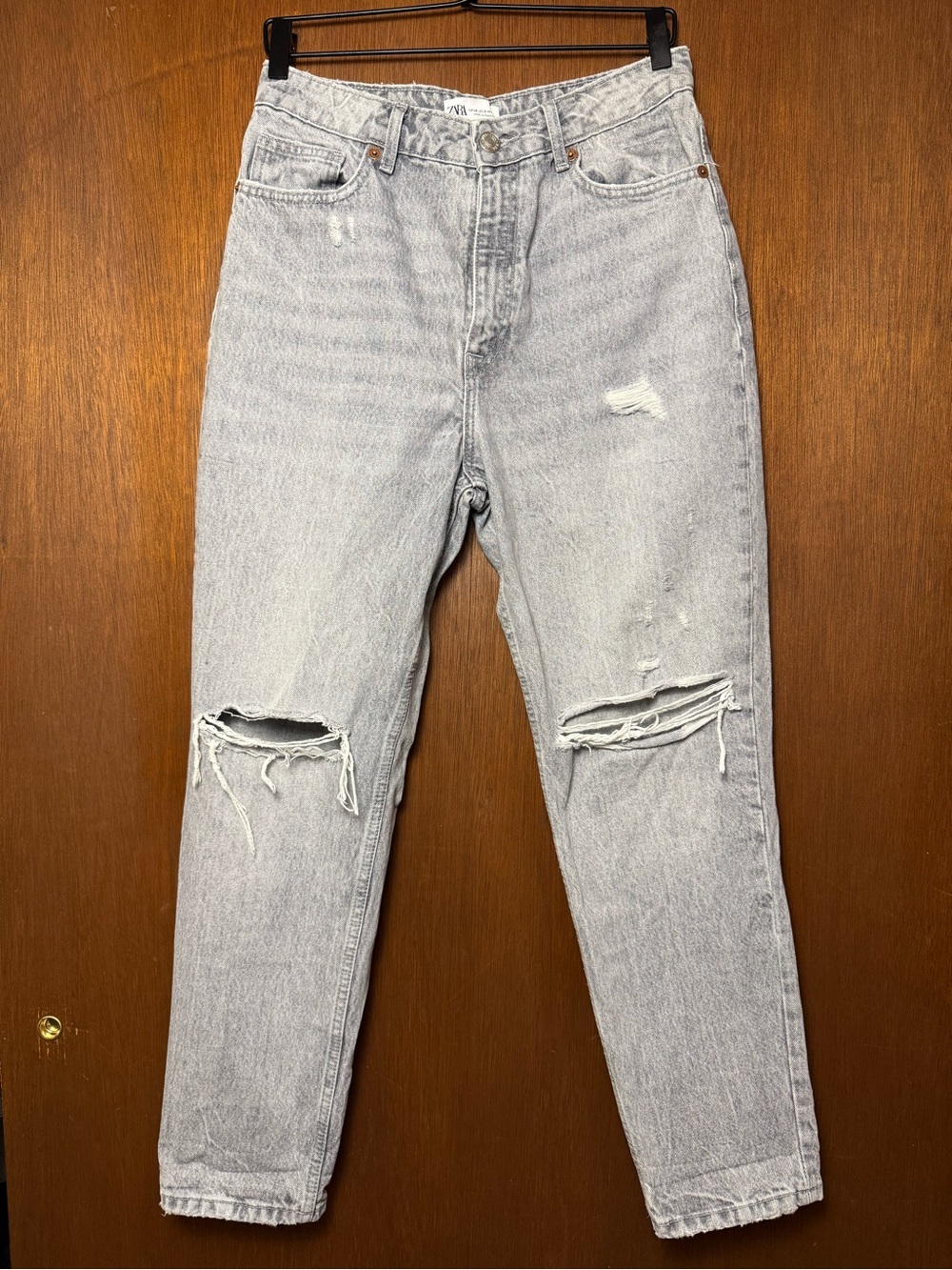Zara Women’s Ripped High-Rise Mom Jeans - Gray Acid Washed Denim- 8